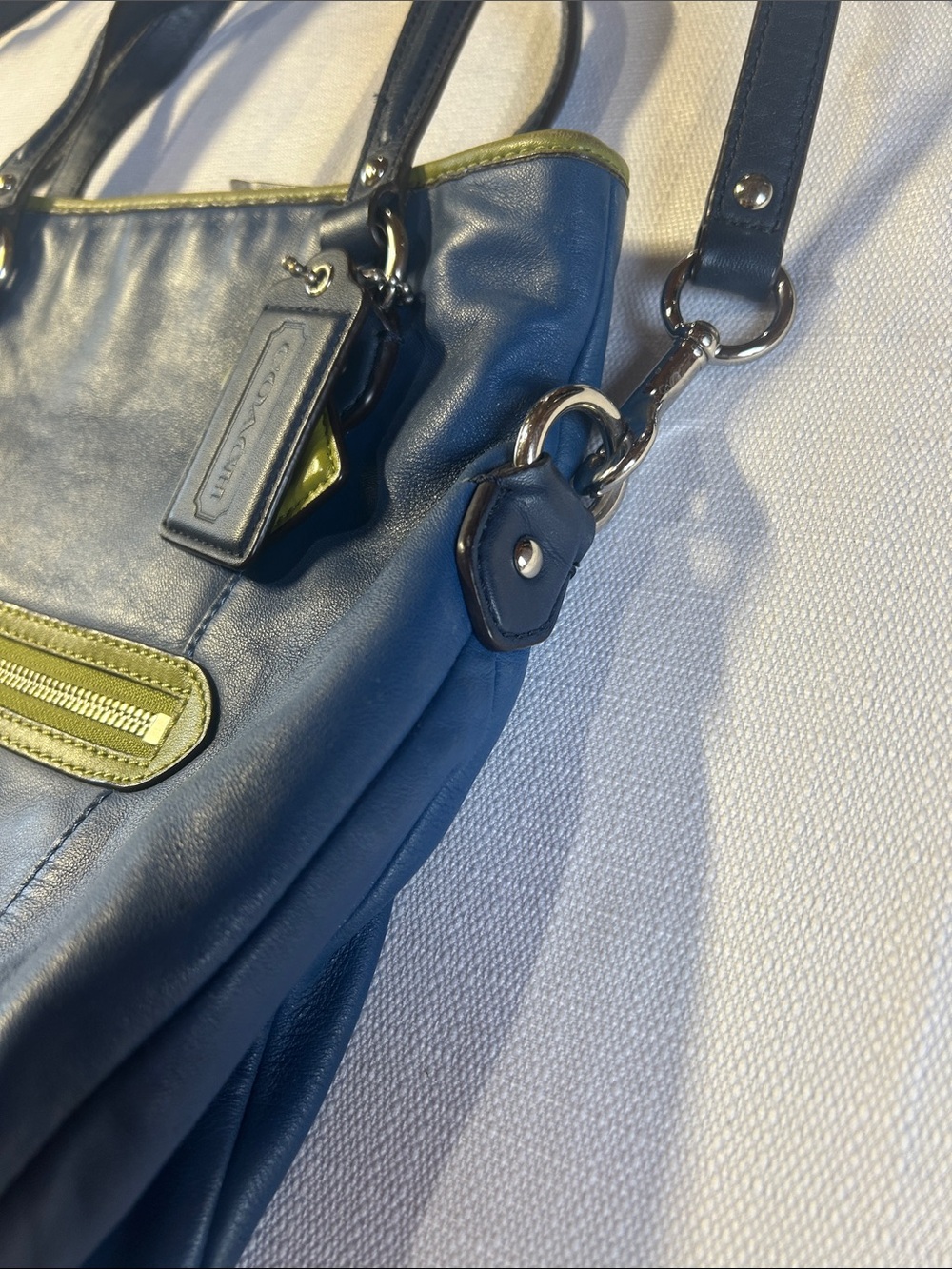 Coach Blue Leather Shoulder Tote with Lime Accent - Picture 5 of 9